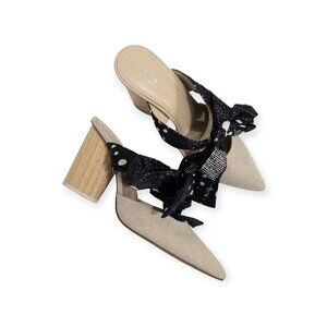 Botkier Hampton Ribbon Bow Mules With Polka Dots & Wooden Block Heels Linen